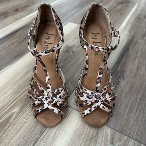 Liz Lira Leopard T-Strap Heels Size 4 Women Latin Dance Stiletto Shoes